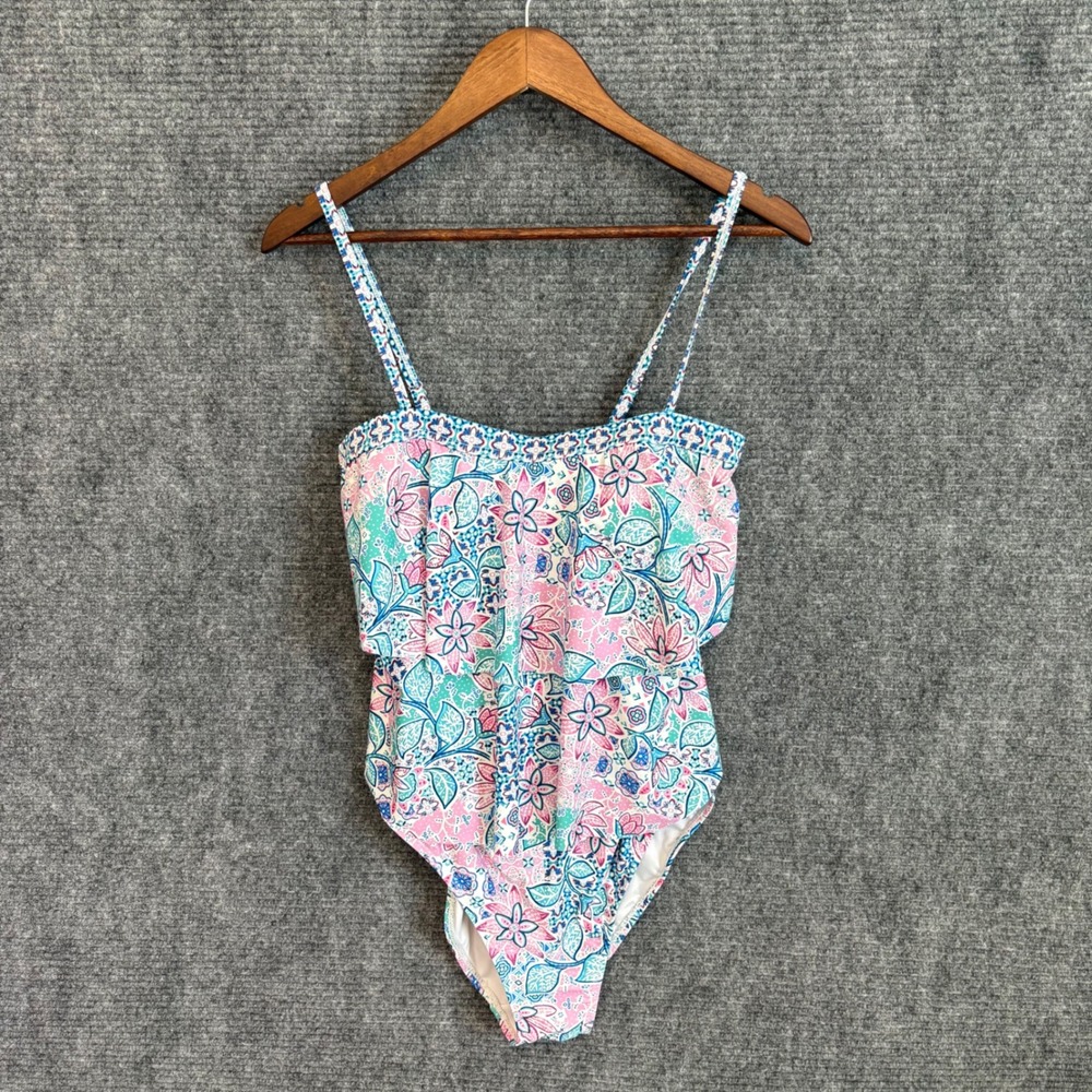 Stella Parker Floral Paisley Ruffle One Piece Swimsuit Pink Teal Blue Large